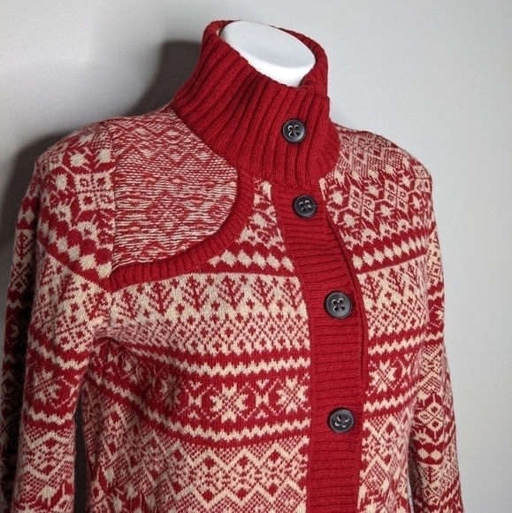 Eddie Bauer red cream fair isle button up wool blend cardigan sweater M - Picture 2 of 7